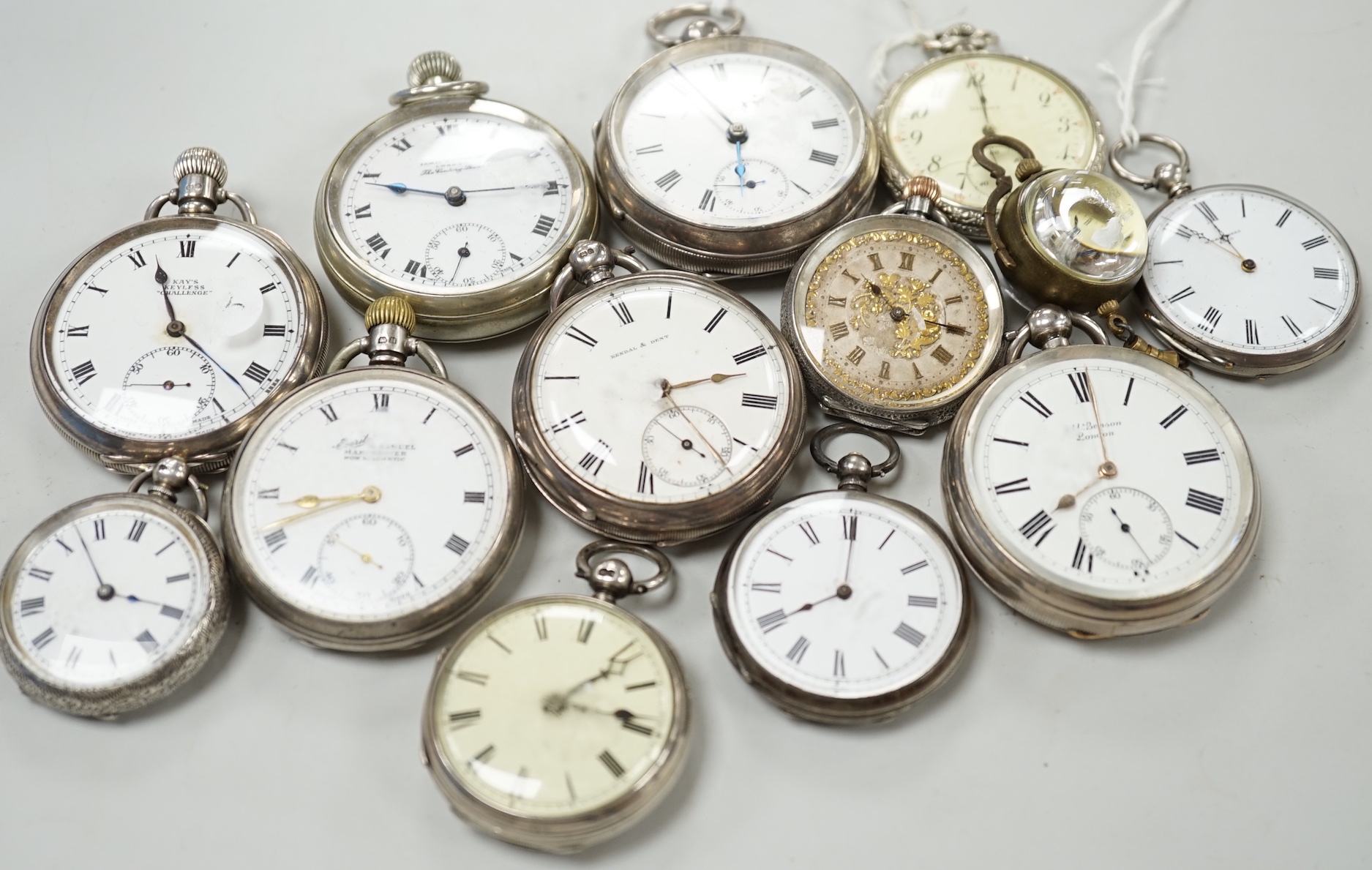 Thirteen assorted pocket and fob watches including silver Exchange and silver J.W. Benson.